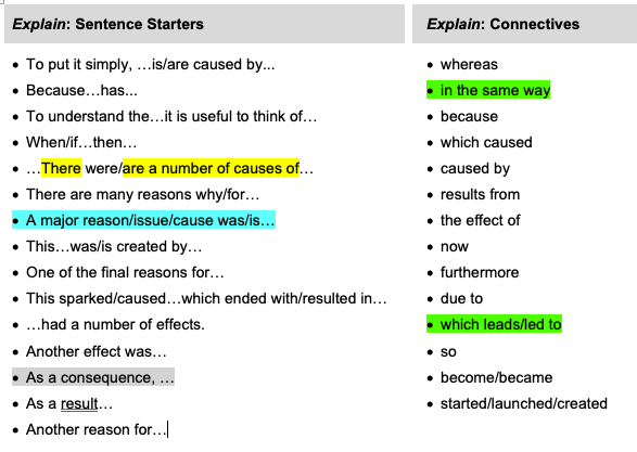 'Explain' Sentence starters and connectives